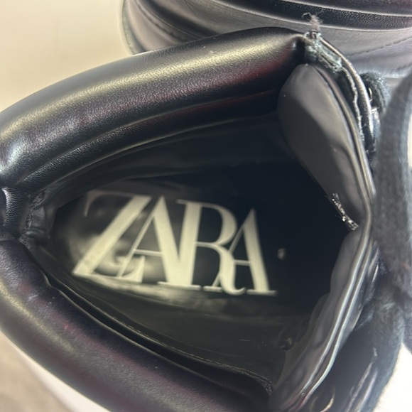 Zara Black Leather Combat Boots Stacked Heel Lug Sole - Picture 5 of 12